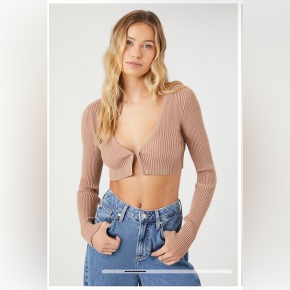 Forever 21 Sweaters - FOREVER 21 Nude Beige Tan Camel Cropped Ribbed Cardigan Sweater Top Shirt Sz M
